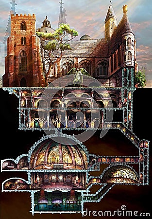 Dungeon fantasy game rpg church corridors digital artwork art map Stock Photo