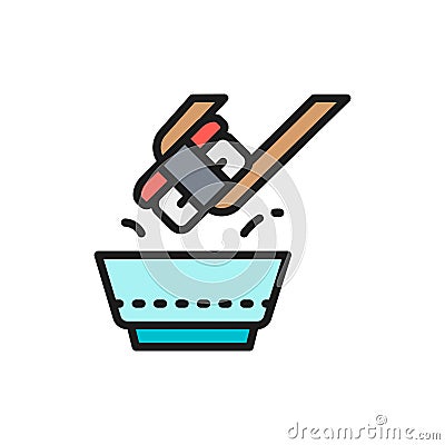 Dunk sushi in soy sauce, japanese cuisine flat color line icon. Vector Illustration