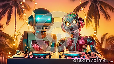 A duo of vintage robot DJs behind a DJ console invites you to an incendiary disco party with electronic music. Palm Stock Photo