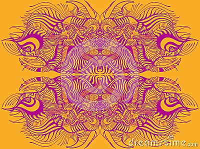Duotone abstract pattern with psychedelic colorful fantastic ornament. Decorative purple outline, isolated on orange Vector Illustration