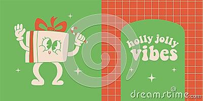 Duotone cards with Retro Cartoon funny gift box Christmas character and vintage groovy quote - Holly Jolly vibes. Vector Vector Illustration