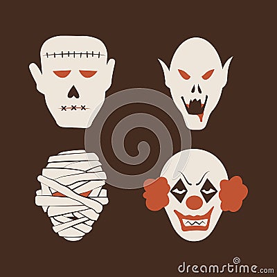 Duotone Cartoon halloween monsters set. Smiley and evil emotions Vector Illustration