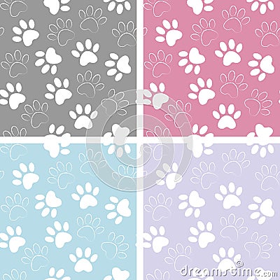 Set of multicolored vector backgrounds with paw print. Duplicate patterns and textures can be used for printing onto fabric, web Stock Photo