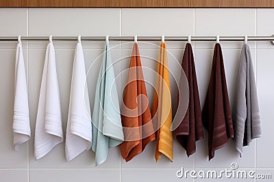 Durable Kitchen colorful towels hanging on rack. Generate AI Stock Photo