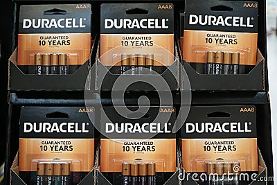 Duracell batteries display of AAA power storage devices Editorial Stock Photo