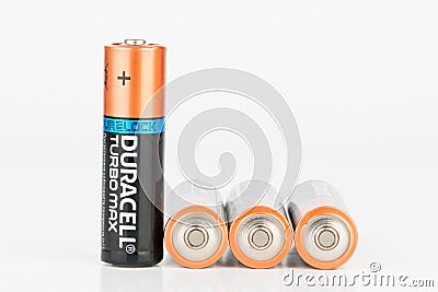 Duracell Turbo Max alkaline AA battery. Editorial Stock Photo