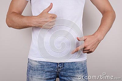 Duration no problem therapy treatment passion urology concept. Cropped close up photo of happy glad guy showing demonstrating groi Stock Photo