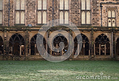 Medieval stone cathedral cloisters. Exterior facade view. Durham Cathedral World Heritage Site Editorial Stock Photo