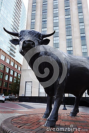 DURHAM,NC/USA - 10-23-2018: The bull statue in downtown Durham, NC Editorial Stock Photo