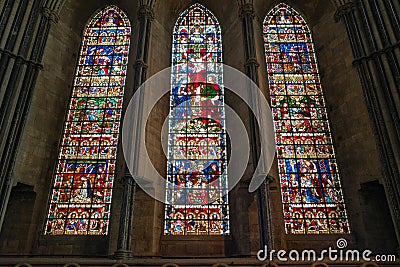 Durham, UK - 12 July, 2023: Colourful stained-glass windows in Durham Cathedral, England Editorial Stock Photo