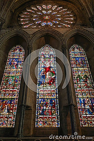 Durham, UK - 12 July, 2023: Colourful stained-glass windows in Durham Cathedral, England Editorial Stock Photo