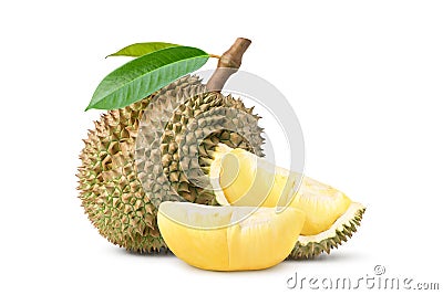 Durian fruit with slices and leaves Stock Photo