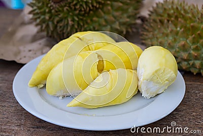 Durian the King of Fruits on White Plate, Ripe and Fresh Golden Durian with Tasty Sweet Fruit Stock Photo
