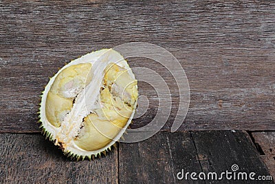 Durian peeled ripe close up, King of fruit Thailand on the wood Stock Photo