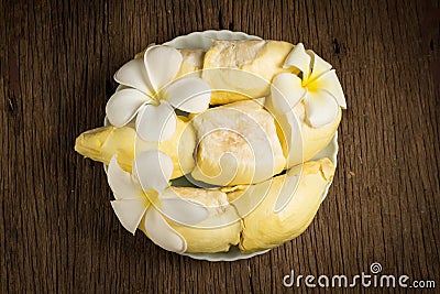 durian peeled ripe. King of fruit Thailand on the wooden table f Stock Photo