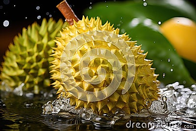 Durian in water, water splashes from durian falling into water, water splashes and drops. Stock Photo