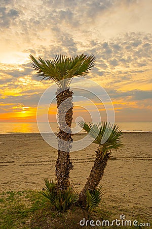DURRES, ALBANIA: Landscape with beach and Adriatic Sea views at sunset in Durres. Stock Photo