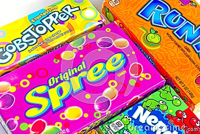 Different kinds of American sweet candies (Gobstopper, Spree, Runts, Nerds) packs Editorial Stock Photo