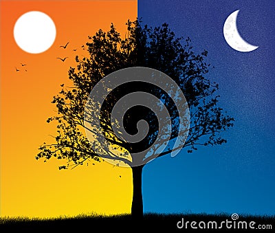 Dusk and night tree silhouette with sun and moon Stock Photo