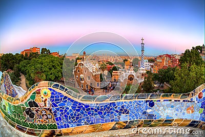 Dusk over Park Guell, Barcelona, Spain Stock Photo