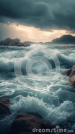 Dusk reveals breaking waves crashing against a rugged, rocky coastline Stock Photo