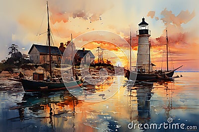 Dusk's Serenity: Watercolor Embrace of Tranquil Harbor Stock Photo