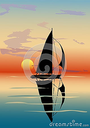 Dusk, sea, sailboat Cartoon Illustration