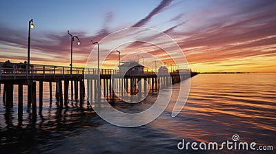 Dusk by the Shore - The Breathtaking View from a Beach Pier as the Sun Sets. Generative AI Stock Photo