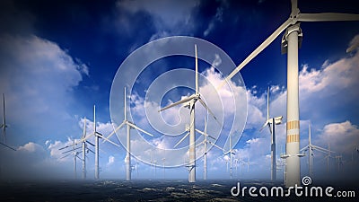 Dusk skies over windmill turbines farm 3d rendering Stock Photo