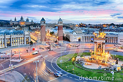 Dusk view of Barcelona, Spain. Plaza de Espana Stock Photo