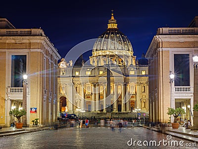 Dusk view of Saint Peter Basilica illuminated, Rome, Italy Editorial Stock Photo