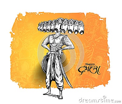 Dussehra celebration - Angry Ravana with ten heads Vector Illustration