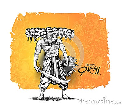 Dussehra celebration - Angry Ravana with ten heads Vector Illustration