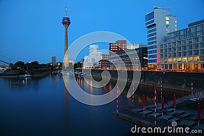 Dusseldorf city Hafen night Stock Photo