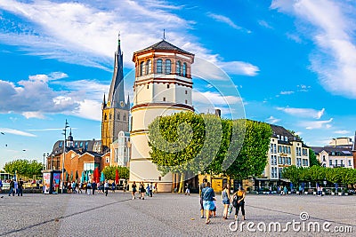 DUSSELDORF, GERMANY, AUGUST 10, 2018: View of Burgplatz with Schifffahrt museum and Saint Lambertus church in Dusseldorf, Germany Editorial Stock Photo