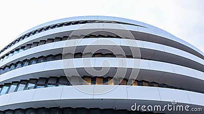 Dusseldorf, Germany - February 20, 2020. Modern architecture in a European city. White round building Editorial Stock Photo