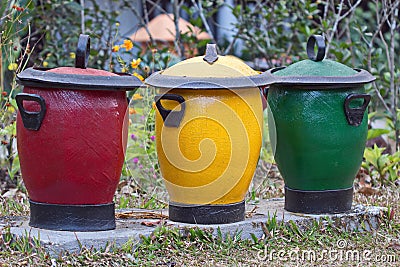 Dust-bins in three colours for various Garbage Stock Photo