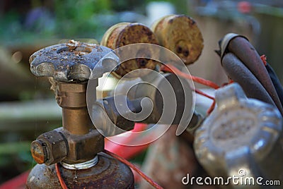 Dust and cobwebs on pressure valves and gauges for an oxy oxygen acetylene welder Stock Photo