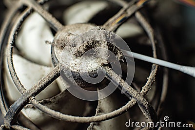 Dust on computer pc processor cooler with mainboard and computer case fragment Stock Photo