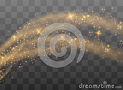 The dust sparks and golden stars shine with special light. Vector sparkles on a transparent background. Christmas light effect. Vector Illustration