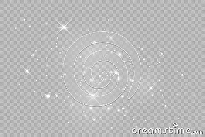 Dust white. White sparks and golden stars shine with special light. Vector sparkles on a transparent background. Vector Illustration