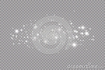 Dust white. White sparks and golden stars shine with special light. Vector sparkles on a transparent background. Vector Illustration