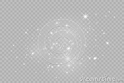 Dust white. White sparks and golden stars shine with special light. Vector sparkles on a transparent background. Vector Illustration