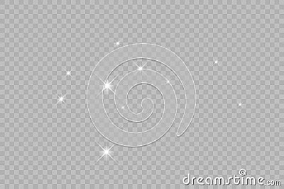 Dust white. White sparks and golden stars shine with special light. Vector sparkles on a transparent background. Vector Illustration