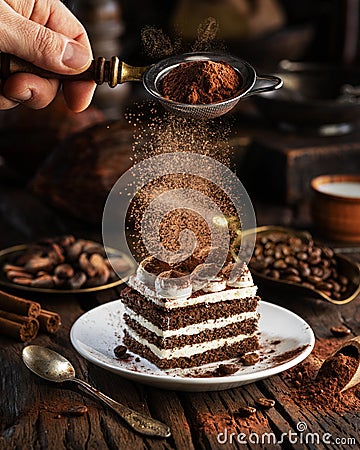 Dusting tiramisu-like cake with cocoa powder. Still life with slice of cake and coffee and cacao beans on wooden table Stock Photo