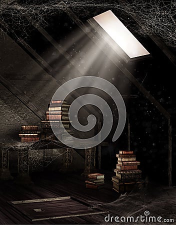 Dusty attic with books Stock Photo