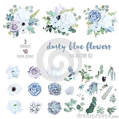 Dusty blue, pale purple rose, white hydrangea, ranunculus Vector Illustration