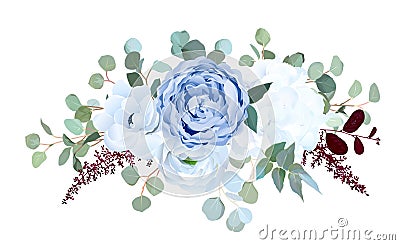 Dusty blue rose, white hydrangea, ranunculus, anemone, eucalyptus Vector Illustration