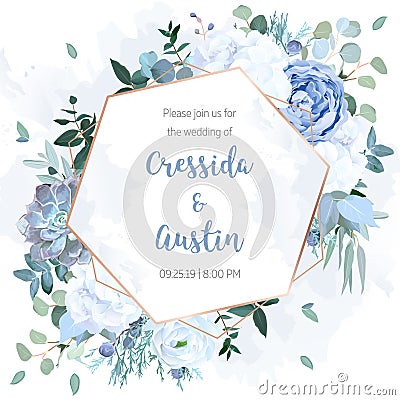 Dusty blue rose, white hydrangea,ranunculus, eucalyptus, juniper Vector Illustration
