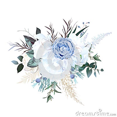 Dusty blue rose, white hydrangea, ranunculus, magnolia, agonis, pampas grass Vector Illustration